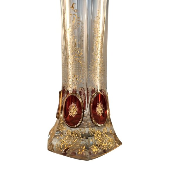 Antique Bohemian Crystal Bud Vase Clear Red Gold Etched Floral Design 9.75" Tall - Picture 4 of 13
